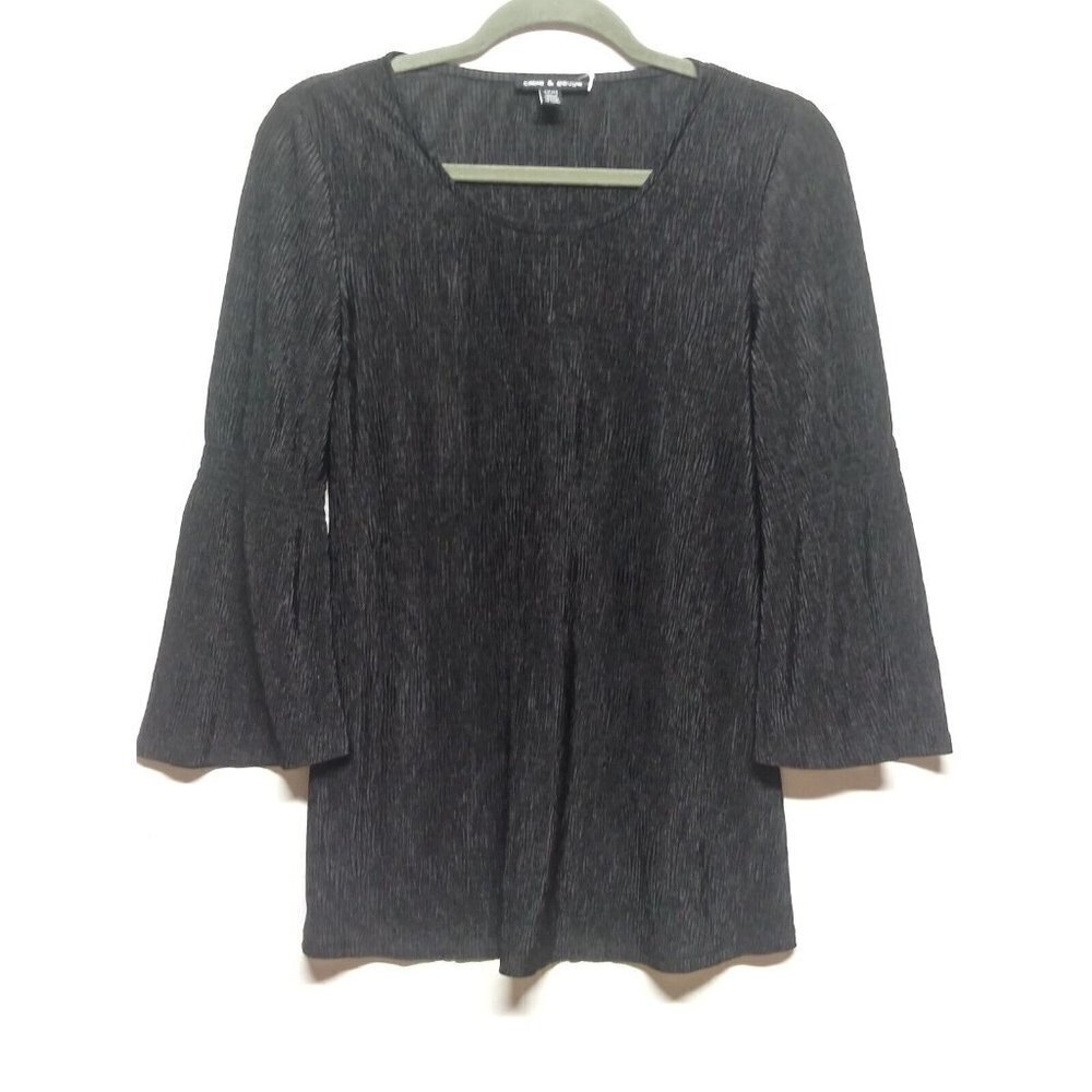Cable & Gauge Women's Tunic top Sz S Black Crinkled, Bell Sleeve Scoop Neck EUC